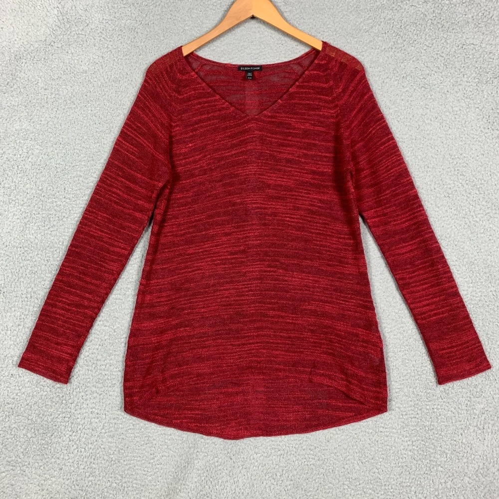 Eileen Fisher Sweater Women's Medium Red Slubbed Alpaca Wool Blend V-Neck Tunic